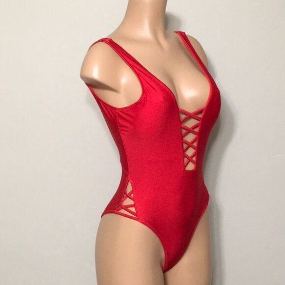 Coastal Waves red plunge swimsuit. Small. NWT - Picture 3 of 6